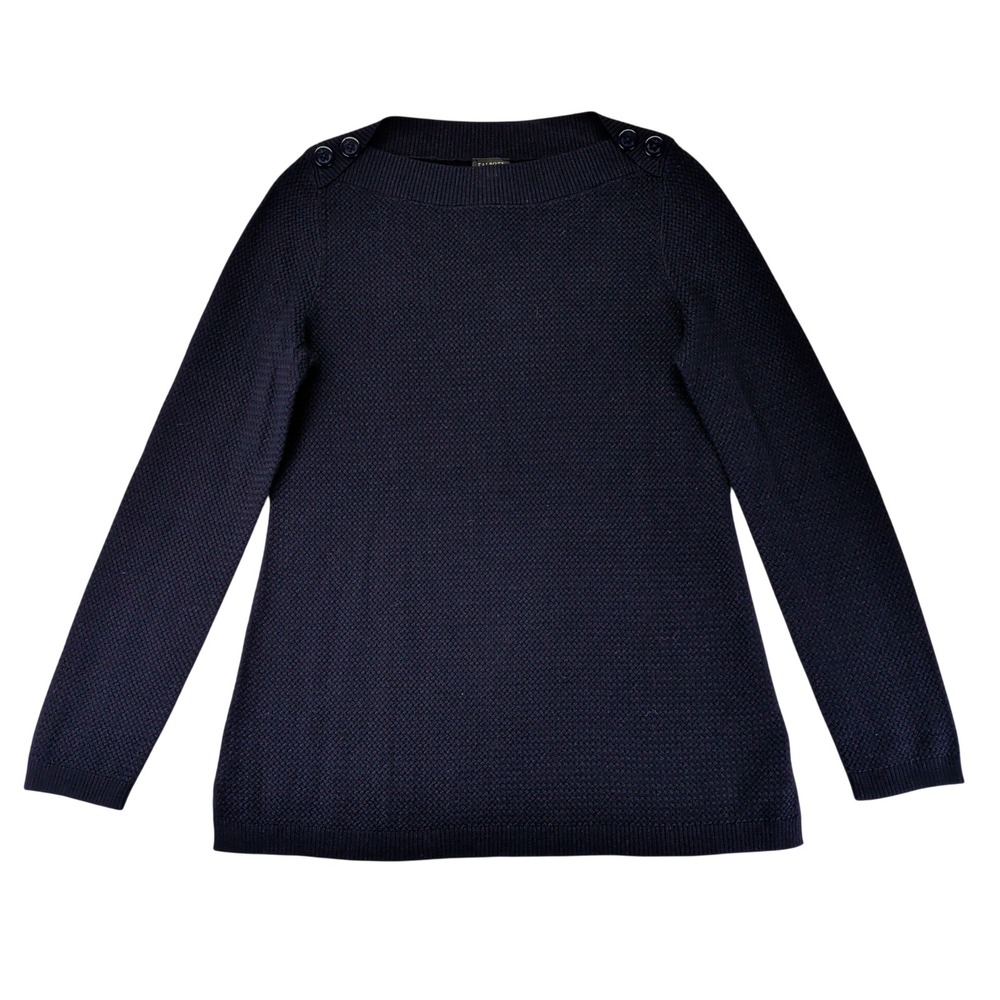 Talbots Navy Blue Boat Neck Button Shoulder Textured Knit Sweater Womens Medium